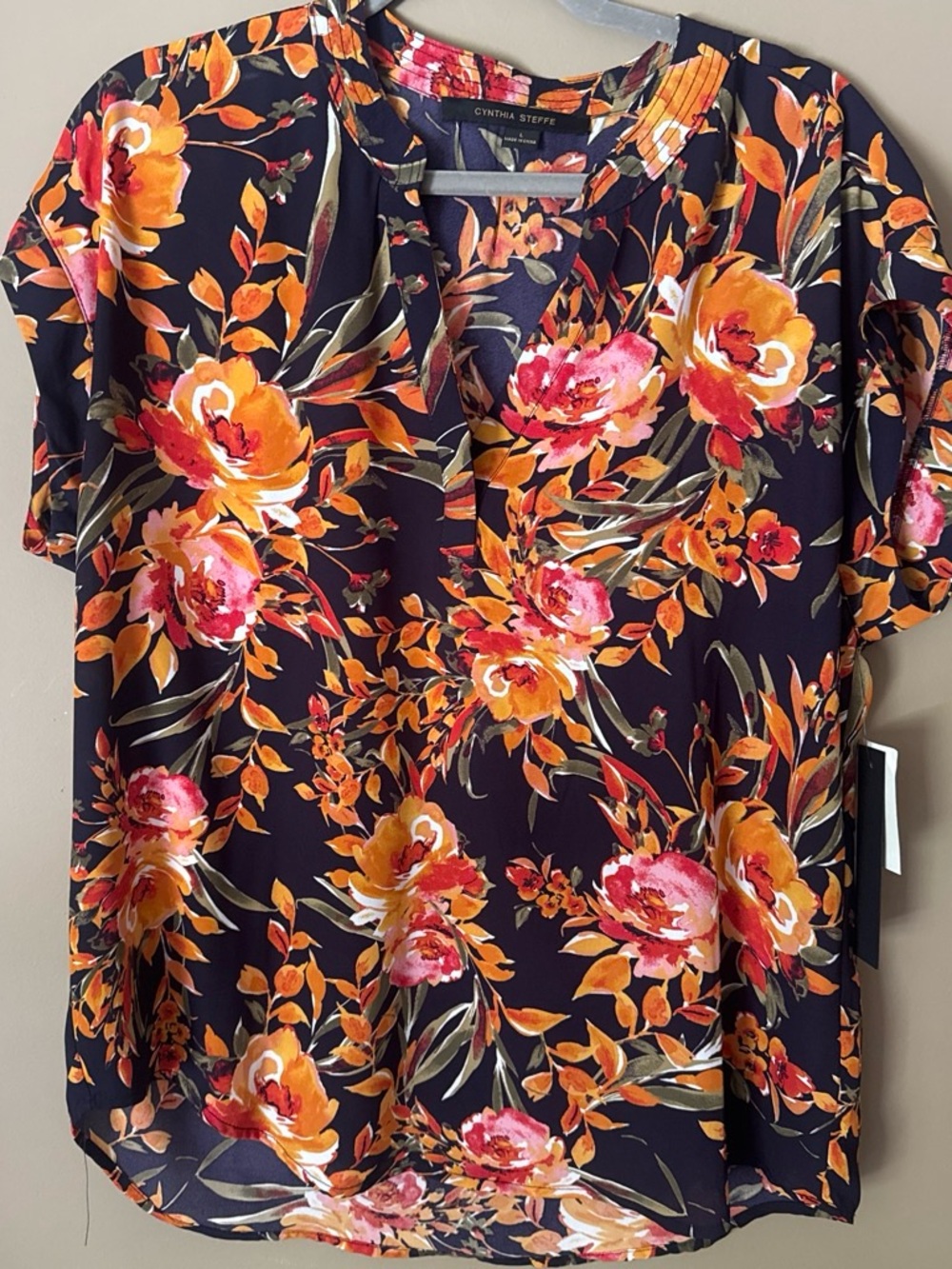 Cynthia Steffe Black Floral Short-Sleeve Blouse with Orange & Pink Blooms